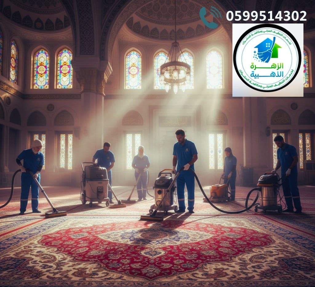 Cleaning crew in ornate mosque interior.