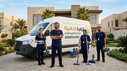 فريق الزهرة الذهبية بجانب سيارة الخدمة قبل التوجه للجبيل